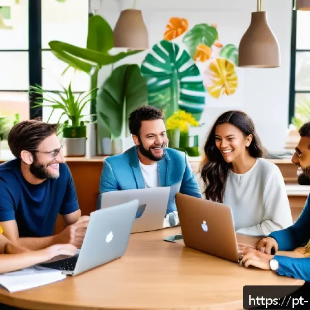 브랜드 인플루언서 활용하기 - A vibrant digital marketing workspace featuring a diverse team of content creators and brand manager...