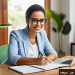 Home 20 전문가 칼럼 작성 및 발표 전략 - A modern, bright home office scene featuring a mid-30s Brazilian woman sitting at a sleek desk with ...