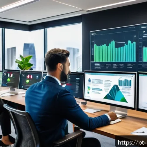 Home 17 온라인 평판 관리의 중요성 - A modern office scene showing a diverse team of professionals actively monitoring digital reputation...