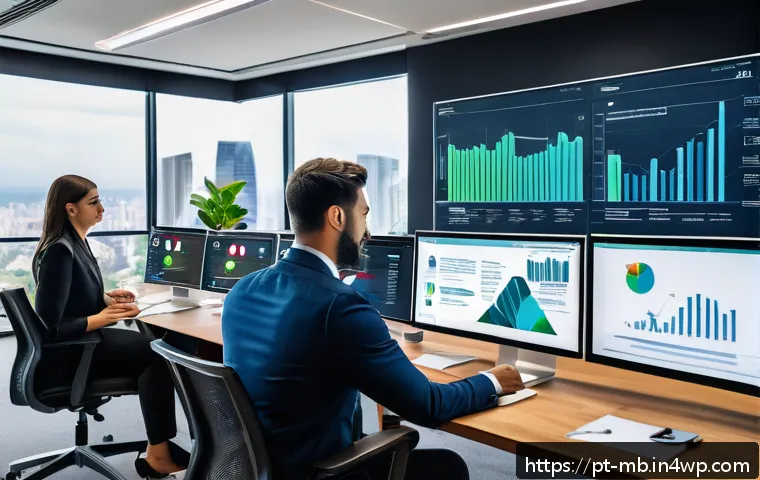 온라인 평판 관리의 중요성 - A modern office scene showing a diverse team of professionals actively monitoring digital reputation...